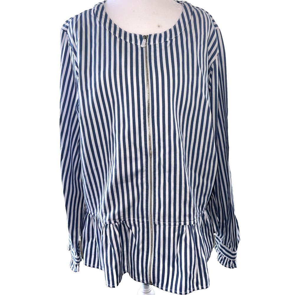 NWOT Denim & Co Zip Jacket Size L Yarn Dye Cotton Blue-White Striped Peplum‎